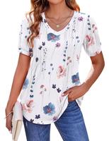 ZEAGOO  Women's Puff Short Sleeve Boho Shirts Casual V Neck Floral Solid Summer Blouse Pleated Tunic Top