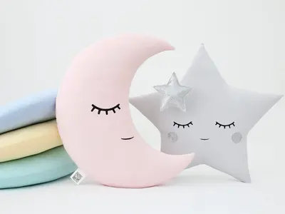 Set of 2 Pillows - Crescent Moon Pillow (4 colors) with Star and Light Gray Star Pillow