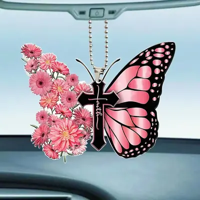 Butterfly & Cross Design Hanging Ornament, Car Rearview Mirror Decorative Pendant, Car Interior Decoration Accessories