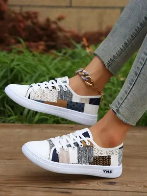 Women's Fashionable Random Print Lace Up Sneakers, Casual Comfortable Breathable Sports Shoes, Female All-match Round Toe Wal...