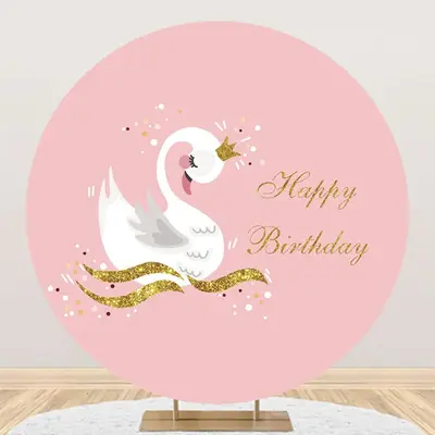 Pink Gold Glitter White Swan Round Birthday Backdrop - Aperturee