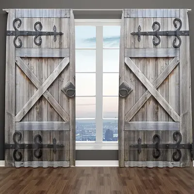 Vintage Wooden Door Pattern Curtain, 2pcs/set Retro Curtain, Waterproof Rod Pocket Curtain for Living Room Bedroom Kitchen St...