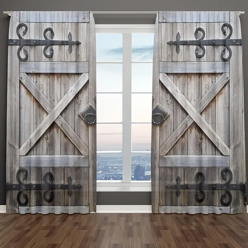 Vintage Wooden Door Pattern Curtain, 2pcs/set Retro Curtain, Waterproof Rod Pocket Curtain for Living Room Bedroom Kitchen St...