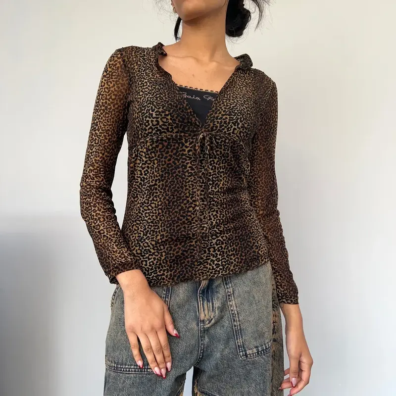 Gaia Rene Animal print Mesh Top - Small Brown Nylon