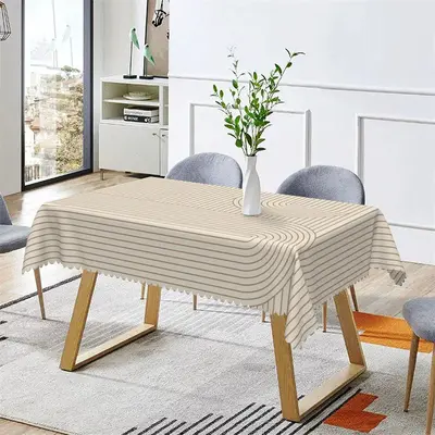 Beige Curved Stripes Dining Rectangle Tablecloth - Aperturee