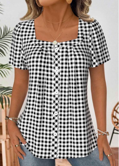 Modlily Black Plaid Short Sleeve Square Neck Blouse - M