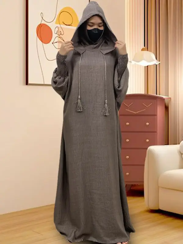 Women's Solid Double Hooded Abaya without Hijab, Casual Long Sleeve Open Front Long Dress for Daily Wear, Ladies Sleepwear & ...