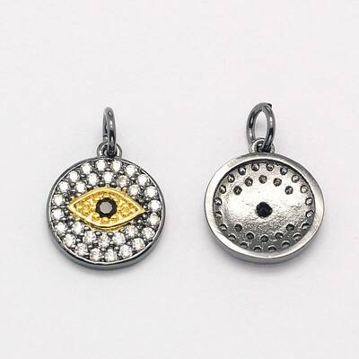 Flat Round with Evil Eye Brass Micro Pave Cubic Zirconia Charms