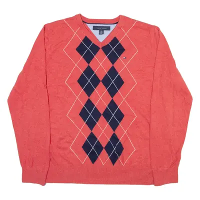 TOMMY HILFIGER Womens Patterned Jumper Pink Argyle V-Neck Tight Knit L