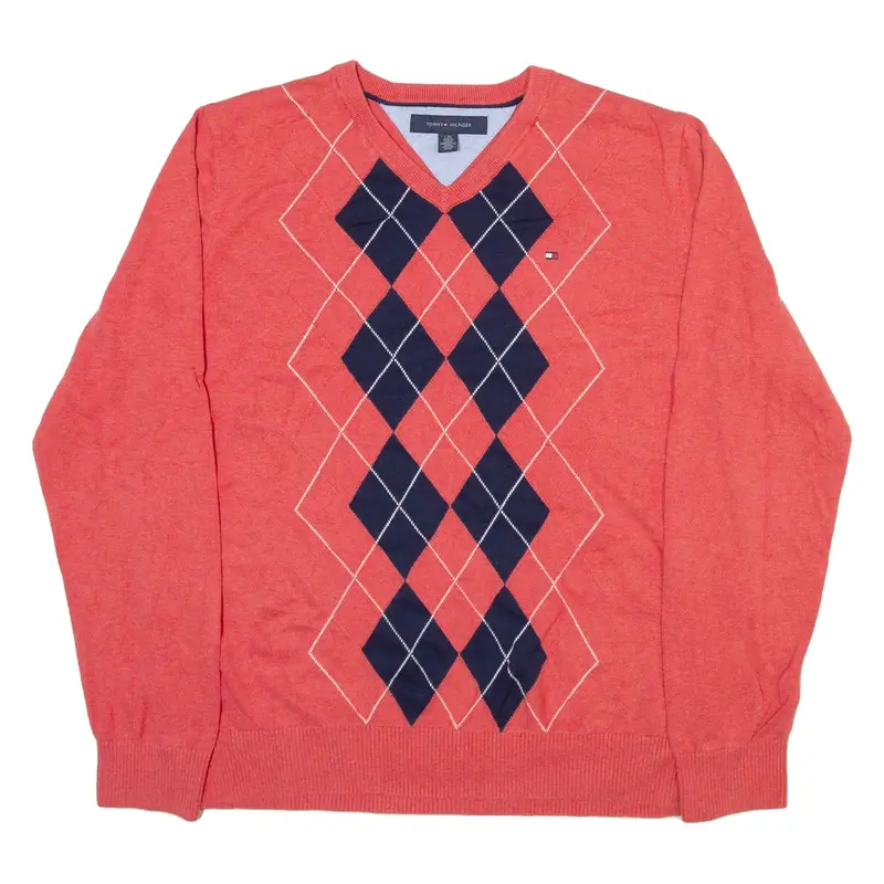 TOMMY HILFIGER Womens Patterned Jumper Pink Argyle V-Neck Tight Knit L