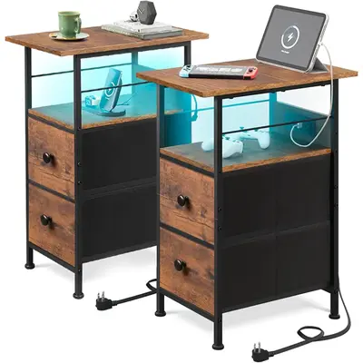 WLIVE Narrow LED Side Table with Charging Station & Storage - Nightstand with 2 Fabric Drawers & Smart RGB Lighting & 3 USB p...