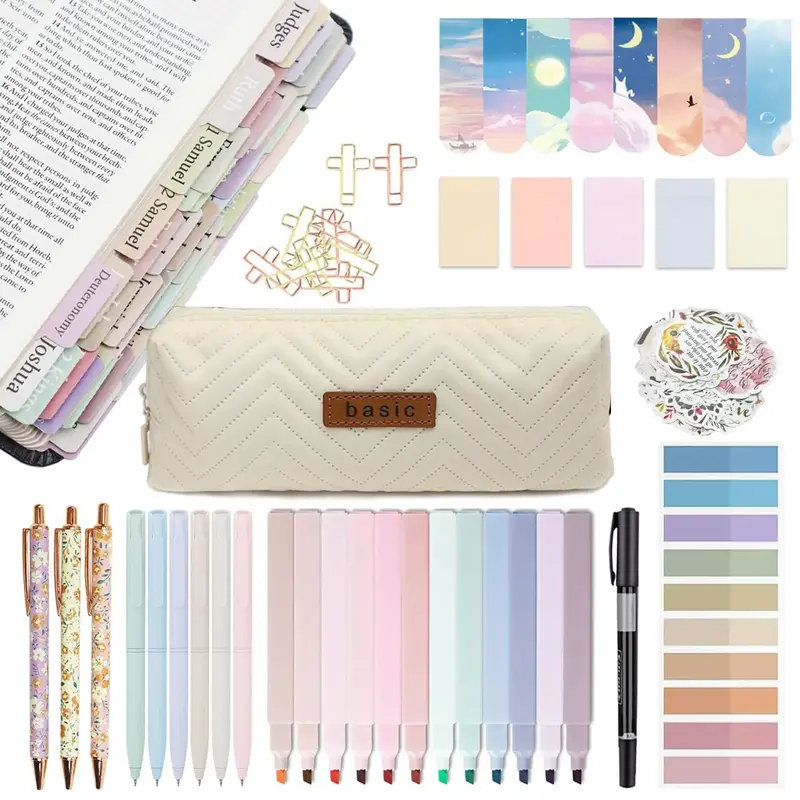 Bible Study Supplies Journaling Kit, 1 Set Writing Tools Including Pen & Marker & Tab & Clip & Pen Case & Sticker Notes & Boo...