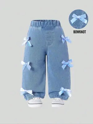 Cute Baby Girl Jeans with Bow Decoration, Elastic Waist Casual Denim Jeans for Daily Wear, Comfortable Fashion Kids' Clothing