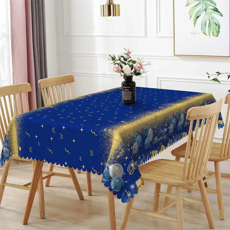 Blue And Golden Ribbons Balloons Birthday Tablecloth - Aperturee