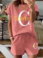 Two-piece Set Women's Letter Print Tee & Skinny Shorts, Casual Fitted Shortsleeve T-shirt & Shorts for Daily Wear, Ladies Two...