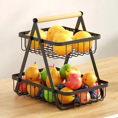 Fruit Basket, 1 Count Metal Wire Net Storage Basket with Wooden Handle, Food Stand Holder for Fruit Bread Snack Veggies, Kitc...