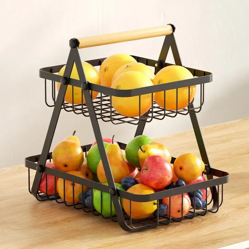 Fruit Basket, 1 Count Metal Wire Net Storage Basket with Wooden Handle, Food Stand Holder for Fruit Bread Snack Veggies, Kitc...