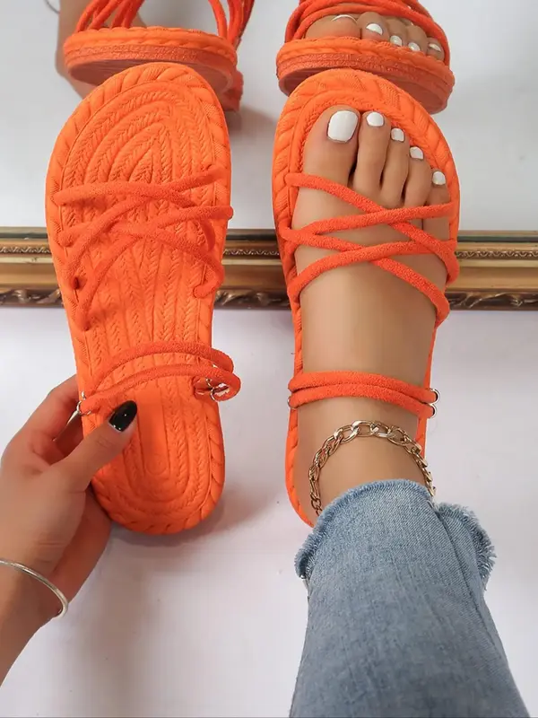 Women's Fashionable Plain Color Criss Cross Strap Slip on Sandals,  2024 Fashionable Summer New Casual Comfortable Flat Sanda...