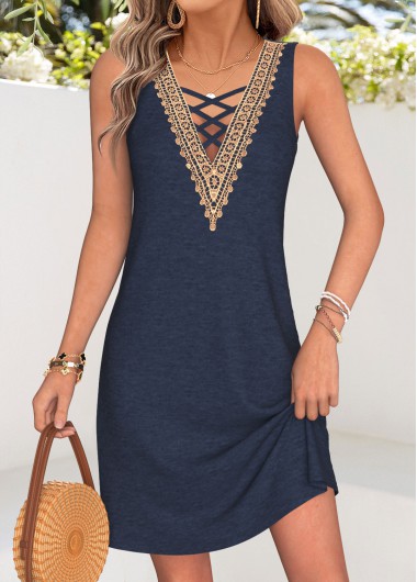 Modlily Navy Tummy Coverage Short Sleeveless V Neck Dress - M