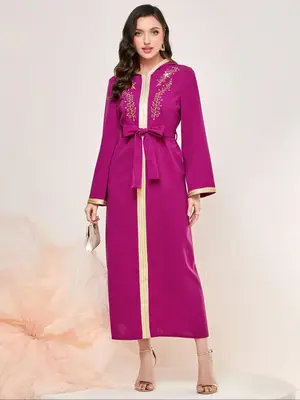 Women's Ethnic Pattern Embroidery Belted Hooded Abaya, Modest Long Sleeve Tape Dress for Spring & Fall, Women's Islamic Cloth...