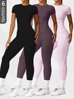 Women's Solid Round Neck Tee & High Waist Leggings Sportswear Set, Breathable Quick Drying Short Sleeve T-shirt & Skinny Pant...