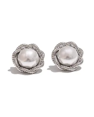 Pearl Stud Earrings - Silver Round Flower