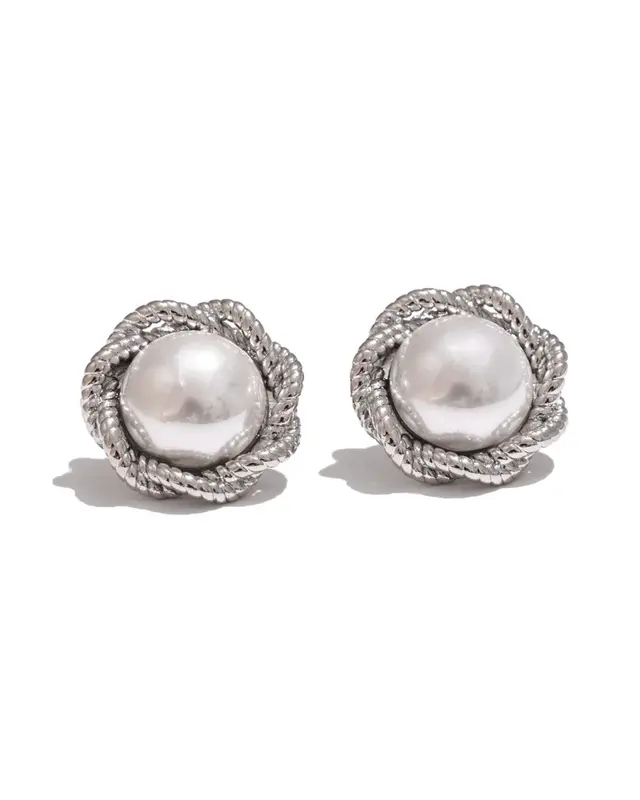 Pearl Stud Earrings - Silver Round Flower