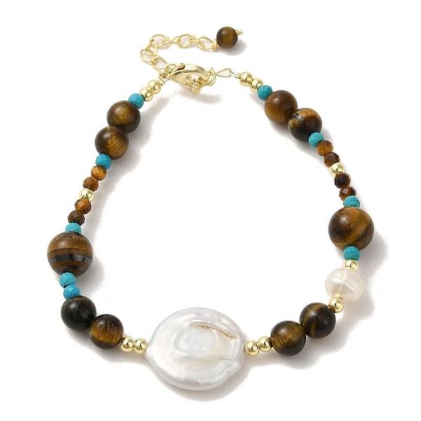 Natural Pearl & Tiger Eye & Synthetic Turquoise Beaded Bracelets