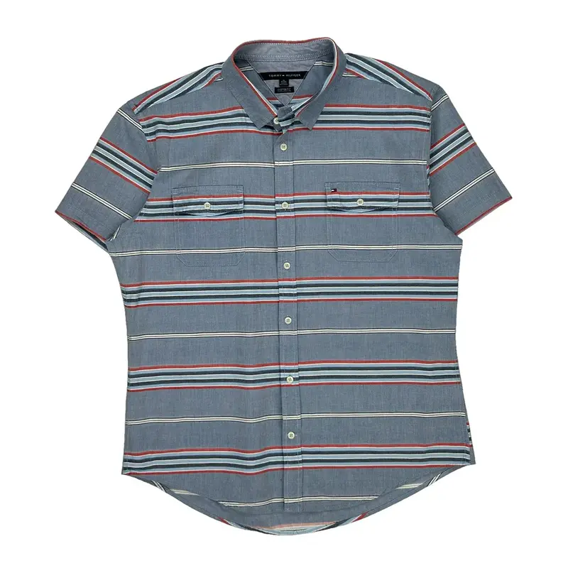 Tommy Hilfiger Striped Short Sleeve Shirt - XL Blue Cotton
