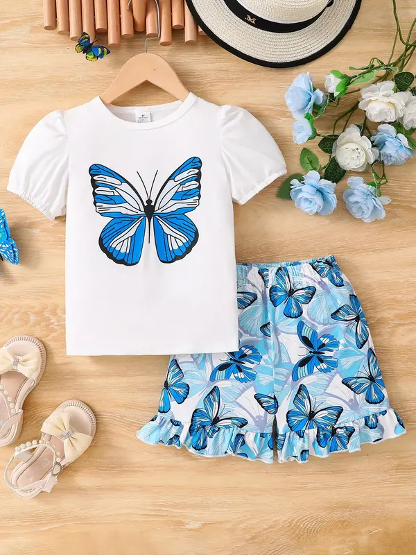 Two-piece Set Toddler Girl's Butterfly Print Tee & Shorts Set, Casual Round Neck Short Sleeve T-shirt & Elastic Waist Skirt ...
