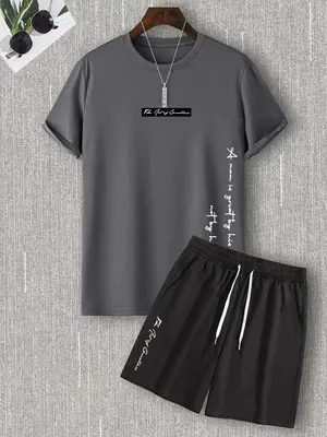 Two-Piece Set Men's Letter Print Tee & Drawstring Pocket Shorts Set, Regular Fit Casual Short Sleeve T-Shirt & Shorts, Men S...
