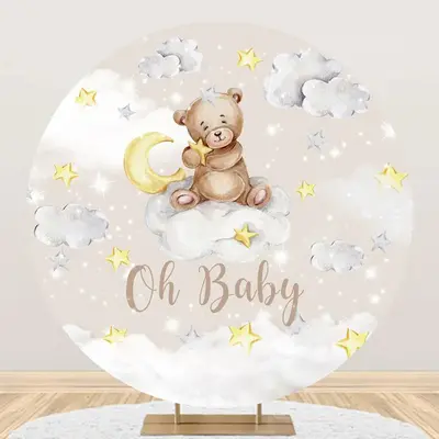 Moon Stars Clouds Bear Round Baby Shower Backdrop - Aperturee