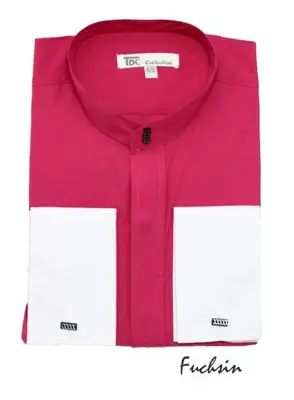 Fashion Hidden Button French Cuff Mandarin Collarless Dress Fuchsia ~ Fuschia~ Hot Preacher Round Style Pink Men's Dress Shir...