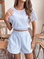 Two-piece Set Women's Striped Print Batwing Sleeve Crop Top & Elastic Waist Shorts, Casual Fitted Keyhole Back Top & High Wai...