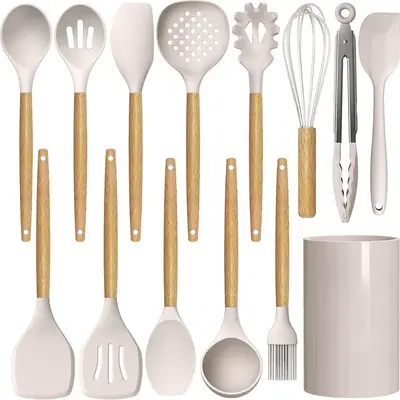[New Deal] 13pcs Silicone Cooking Utensils Set - 446°F Heat Resistant Silicone Kitchen Utensils with Wooden Handles and Hold...