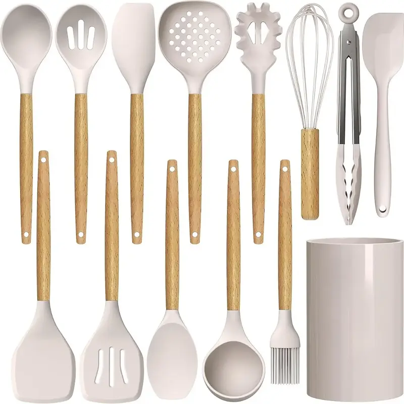 [New Deal] 13pcs Silicone Cooking Utensils Set - 446°F Heat Resistant Silicone Kitchen Utensils with Wooden Handles and Hold...