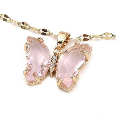 Butterfly Light Gold Brass Micro Pave Cubic Zirconia Pendant Necklaces