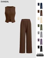 Women's Solid Ribbed Button Tank Top & Straight Leg Pants Two-piece Set, Casual Sleeveless Top & Trousers for Daily Wear, Lad...