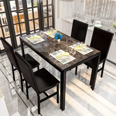 Lamerge Dining Table Set for 4, Faux Marble Table with 4 PU Leather Chairs, Modern Kitchen Table and Chairs for 4, Small Kitc...