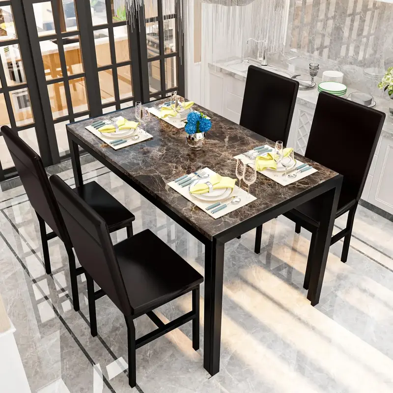 Lamerge Dining Table Set for 4, Faux Marble Table with 4 PU Leather Chairs, Modern Kitchen Table and Chairs for 4, Small Kitc...
