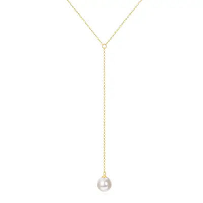 14K Gold Circular Shaped Pearl Spherical Non-adjustable Y-Necklace
