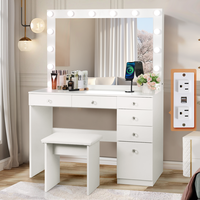 VOWNER Makeup Vanity Table,Vanity Desk With 14 Bulbs & Large Lighted Mirror, 5 Drawers And 1 Cabinet For Storage, Come Up Wit...
