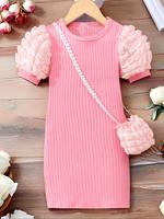 Girl's Puff Sleeve Dress with Crossbody Bag, Elegant Formal Solid Color Round Neck Dress for Party Holiday Wedding Guest, Kid...