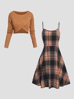 Women's Solid Wrap Hem Round Neck Textured Long Sleeve Crop Top & Plaid Print A-line Dress Suits Set, Preppy Fashion Comfort ...