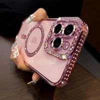 Fashion Luxury Glitter Diamond Transparent Case iPhone 15 14 13 12 11 16 Pro Max Plus Magnetic Wireless Charge Bumper Cover S...