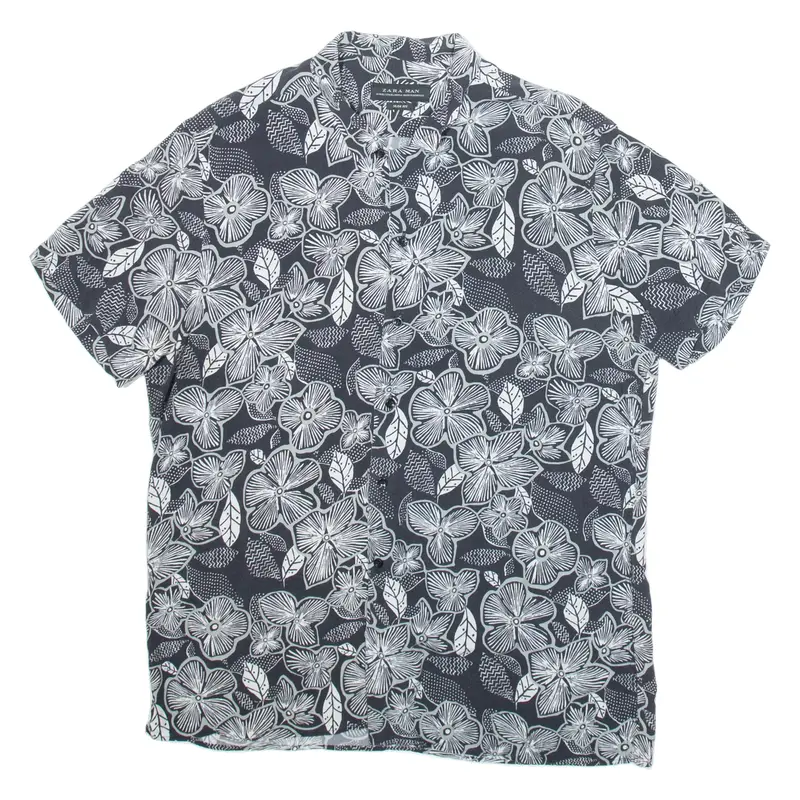 ZARA Slim Fit Mens Hawaiian Shirt Black Floral M