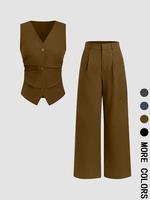 Two-piece Set Women's Solid Color Vest Blazer & Wide Leg Pants Set, Lady Elegant Fitted Fashion Casual Two-piece Set for Dail...