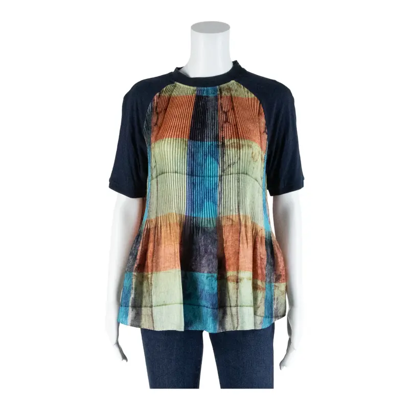 ZARA W&B COLLECTION Pleated Blue Check Short Sleeve Top Womens M