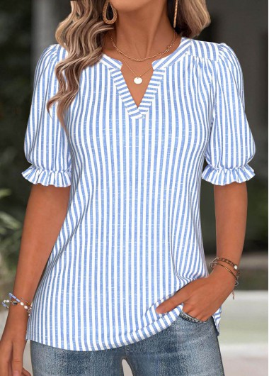 Modlily Blue Split Striped Short Sleeve Blouse - XL