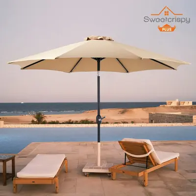 9FT Patio Umbrella with Push Button Tilt and Crank, Outdoor Pool Umbrella with 8 Sturdy Ribs for Market, Beach, Outdoor Resta...